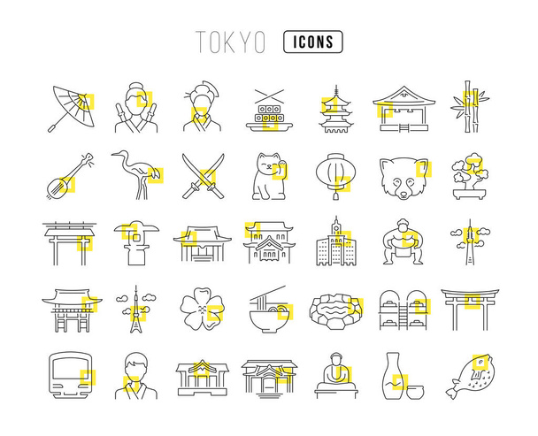 東京。Webデザイン、アプリ、および最も近代的なプロジェクトのための完全に薄いアイコンのコレクション。カテゴリ国と都市の標識のキット. - ベクター画像