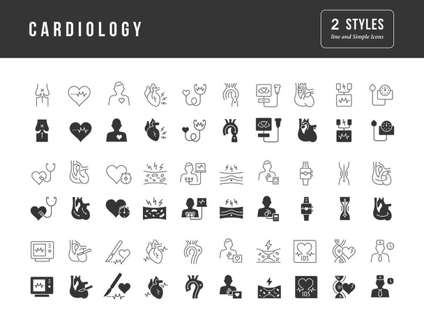 Cardiology. Collection of perfectly simple monochrome icons for web design, app, and the most modern projects. Universal pack of classical signs for category Medicine. - Vector, afbeelding