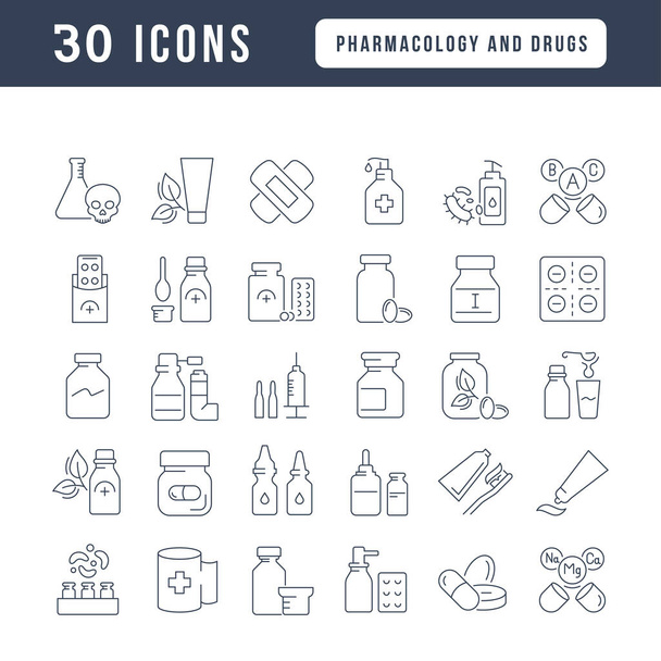 Pharmacology and Drugs. Collection of perfectly thin icons for web design, app, and the most modern projects. The kit of signs for category Medicine. - Vetor, Imagem