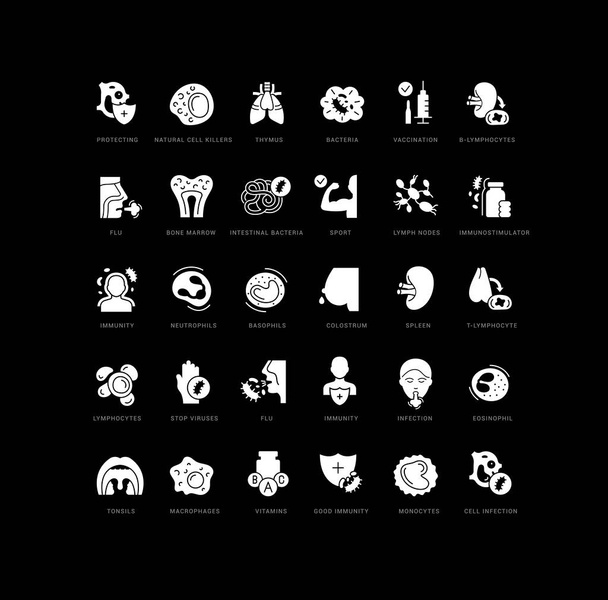 Immunology. Collection of perfectly simple monochrome icons for web design, app, and the most modern projects. Universal pack of classical signs for category Medicine. - Vector, imagen