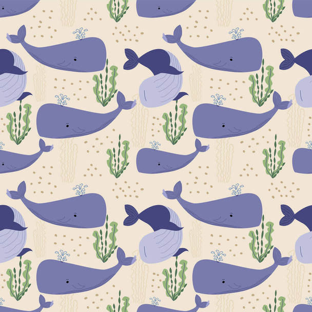 Vector seamless pattern with cartoon whales and seaweed. Marine pattern for fabric, textile and packaging. Kids cartoon ocean print - Vettoriali, immagini