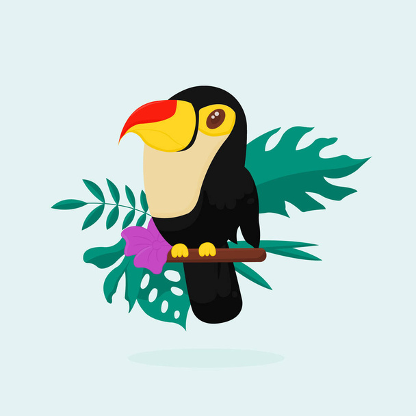 Ilustracja tukańskiego ptaka z czerwonym dziobem na tle tropikalnych liści i kwiatów - Wektor, obraz