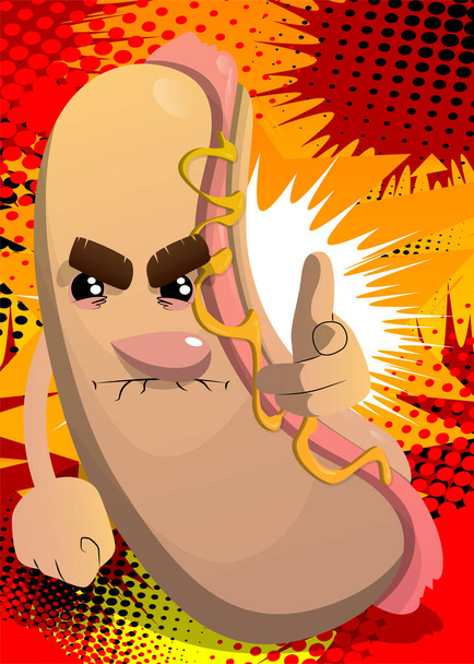 Hot Dog señalando al espectador con su mano. Comida rápida americana como un personaje de dibujos animados con cara. - Vector, Imagen