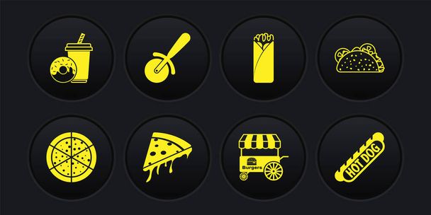 Set Pizza, Taco con tortilla, Rebanada de pizza, Carro de comida rápida, Burrito, cuchillo, bocadillo Hotdog y bebida de soda icono de rosquilla. Vector - Vector, imagen