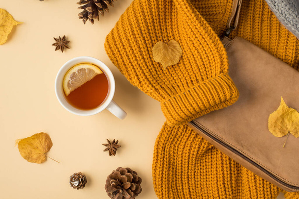 Bovenaanzicht foto van kopje thee met citroen lederen handtas oranje trui gele herfst bladeren anijs en dennenappels op geïsoleerde beige achtergrond - Foto, afbeelding