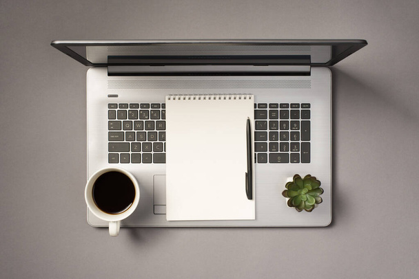 Top view photo of cup of coffee flowerpot pen and open spiral copybook on grey laptop on isolated grey background with copyspace - Foto, afbeelding