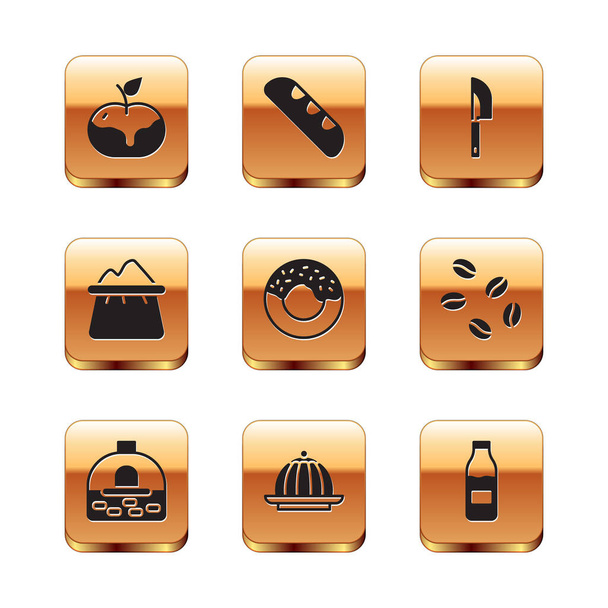 Sada Apple v karamelu, cihlová kamna, pudink, kobliha, sáček mouky, nůž, láhev s mlékem a francouzský bagetový chléb ikona. Vektor - Vektor, obrázek