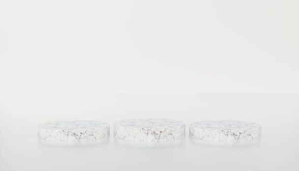 weißer Marmorzylinder minimalistisches Podium in weißem isoliertem Hintergrund. 3D-Illustrationsrendering. Szene Bühnenattrappe für Produkt, Verkauf, Banner, Rabatt, Präsentation, Kosmetik, Angebot. - Foto, Bild