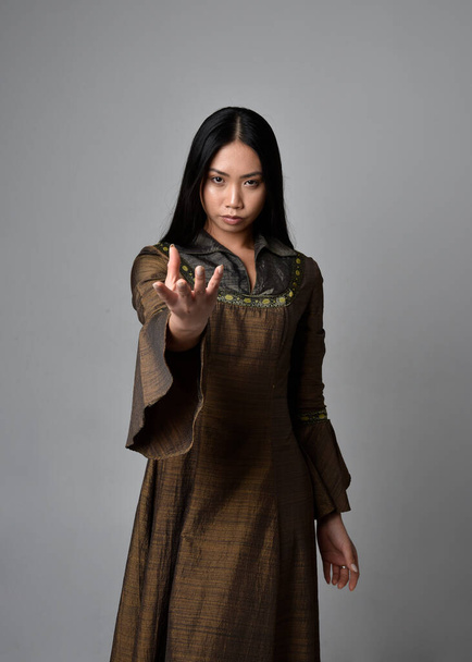Lähikuva muotokuva kaunis nuori aasialainen nainen pitkät hiukset yllään keskiaikainen fantasia puku. Graceful poseeraa eleen kädet, eristetty studio tausta. - Valokuva, kuva