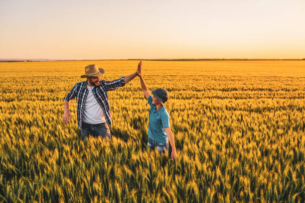 Father and son are standing in their growing wheat field. They are happy because of successful sowing. - Фото, изображение