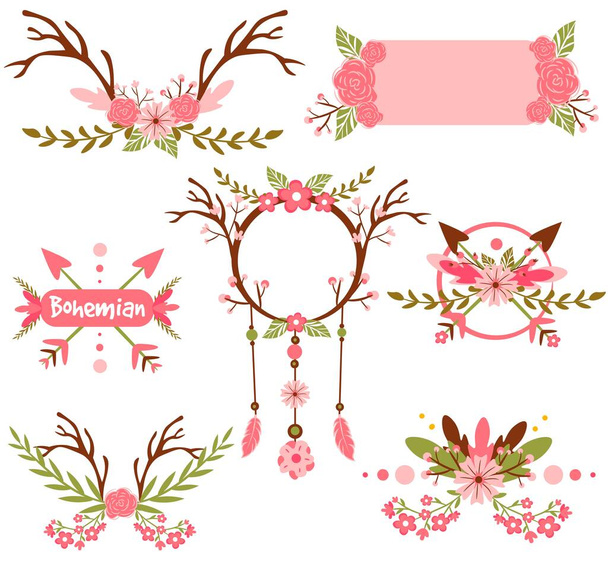 Boho and hippie elements pack with floral motifs, leaves, deer horns and arrows. Aztec and bohemian tribal tiles and borders for invitations and cards. Wild creative composition with ethnic flowers.  - Vector, Image