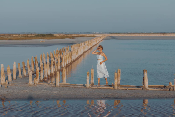 A girl in a white dress on the salt lake Sasyk Sivash Crimea - Fotoğraf, Görsel