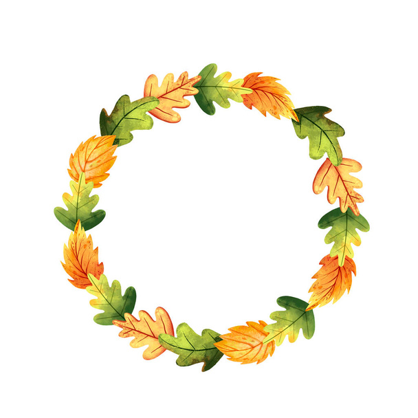 Watercolor hand-drawn forest wreath. Cute autumn decorations. Circle frame. Seasonal round border. Cute garland. autumn leaves decor. invitation card. - Foto, imagen