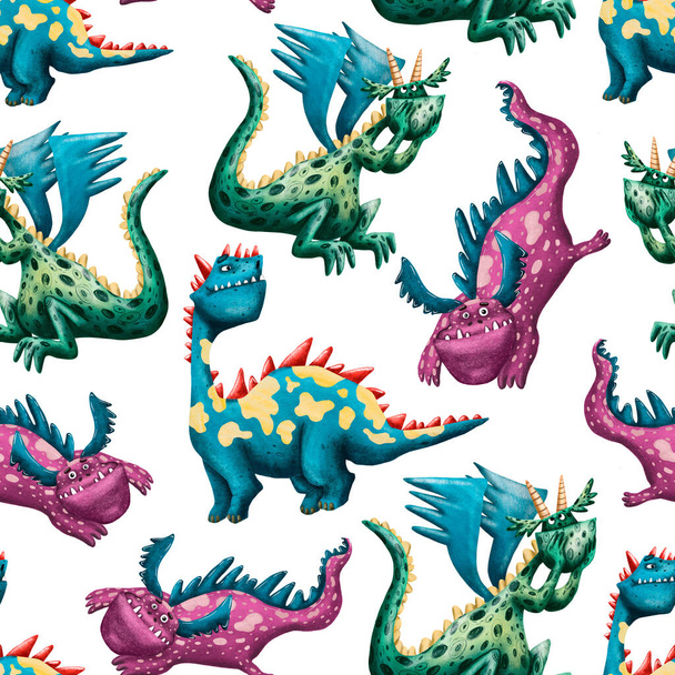seamless pattern with cute cartoon dragons. Digital hand-drawn illustration. Smiling colorful dinosaurs. Fairy tale creatures. Fun monsters. Mythology fantastic reptiles. Traditional dragons. Fantasy monster animals. - 写真・画像