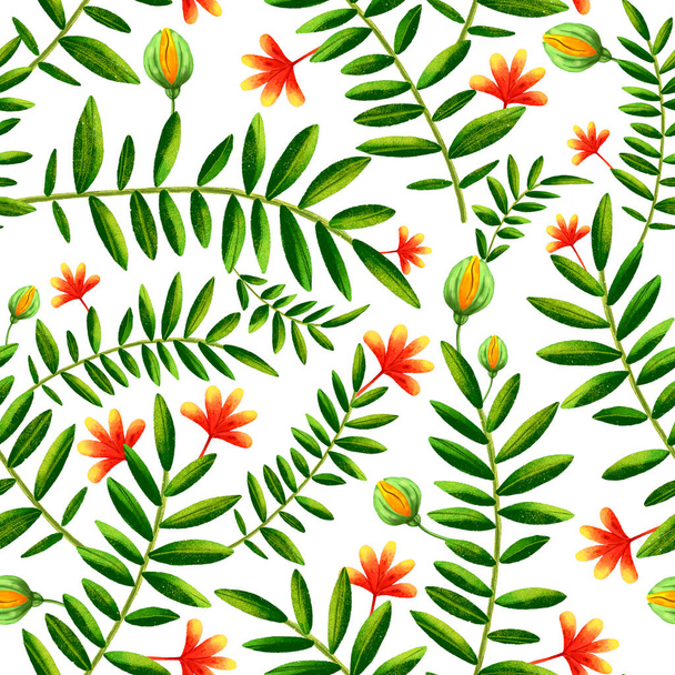 seamless pattern with hand-drawn tropical plants. botanical background with repeated icons of palm trees flowers - Φωτογραφία, εικόνα