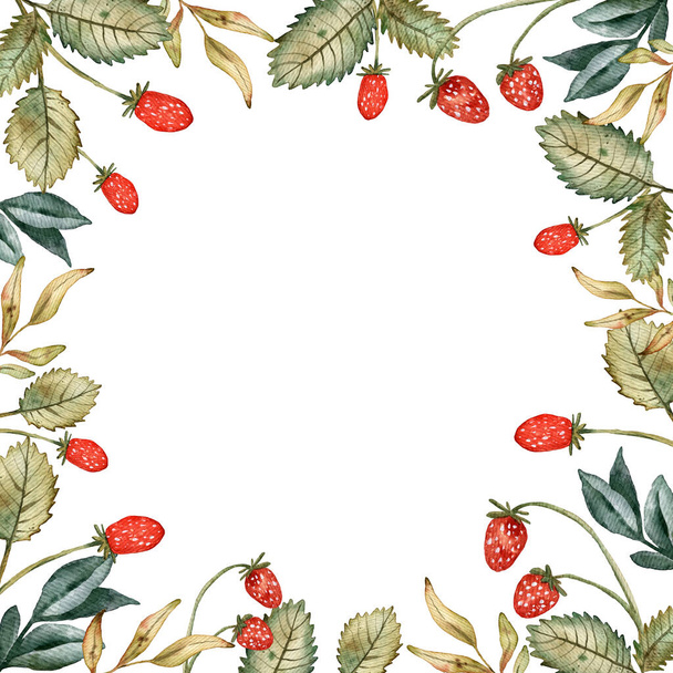 frame with hand-drawn watercolor strawberries, floral background with berries - Foto, Bild