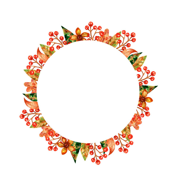 aquarelle cadre circulaire dessiné à la main avec des icônes d'automne, couronne avec des icônes d'automne, couronne botanique - Photo, image