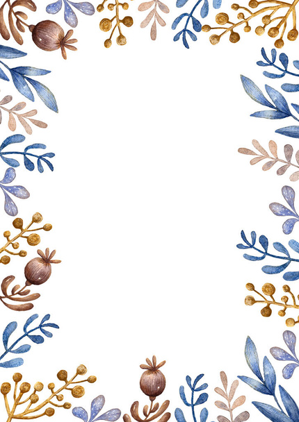 watercolor floral frame with pattern of flowers, leaves, branches, twigs, wedding and botanical concepts,  - Foto, Imagen
