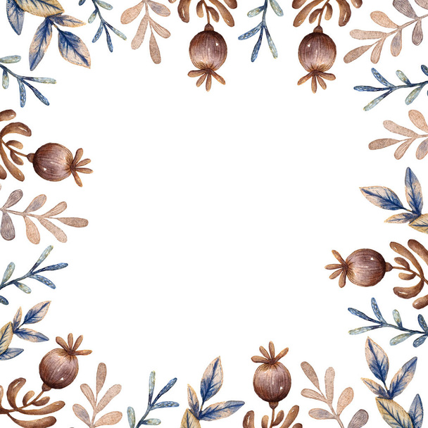 watercolor floral frame with pattern of flowers, leaves, branches, twigs, wedding and botanical concepts,  - Foto, Imagen