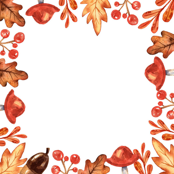 watercolor autumn frame with leaves, hand-drawn illustration, isolated on white background - Фото, зображення