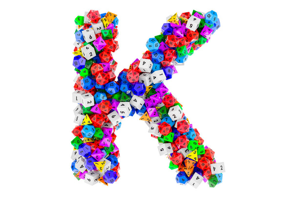 Alfabeto lettera K, da dadi colorati gioco di ruolo. rendering 3D isolato su sfondo bianco - Foto, immagini