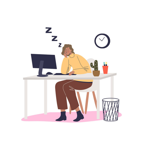 Fáradt nő kiégve ül a számítógépnél az irodában. Túlterhelt dolgozó női alvás a munkahelyen - Vektor, kép