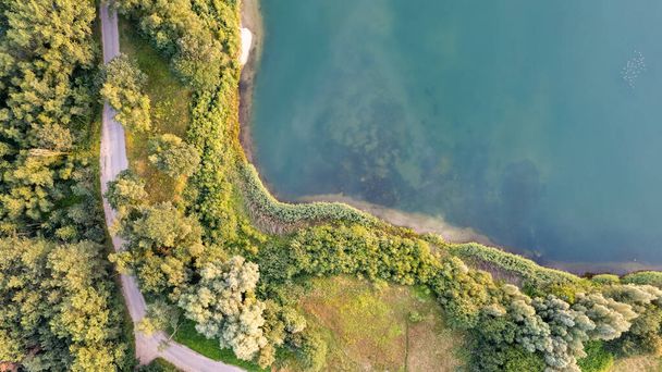 Вид с воздуха на живописное место, где прозрачная бирюзовая вода лесного озера встречается с каменистым берегом с деревьями весной. пойманный беспилотником - Фото, изображение