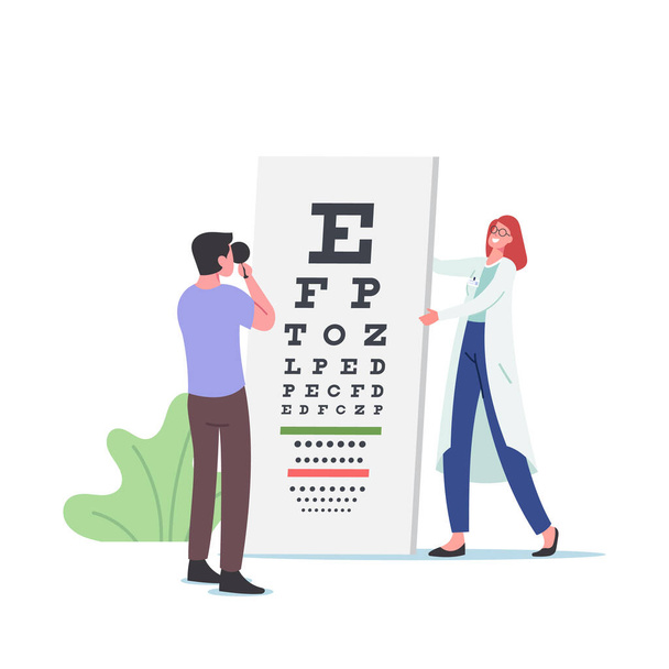 Οφθαλμίατρος γιατρός Ελέγξτε ασθενή Eyesight για διόρθωση όρασης. Oculist Character Conduct Eyecheck, Εξετάσεις - Διάνυσμα, εικόνα