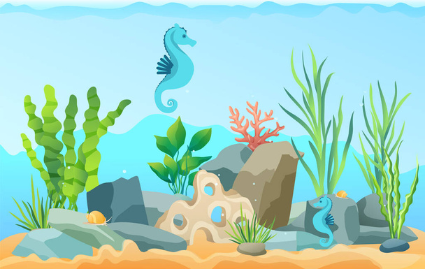 Ocean bottom, seabed with marine plants and animals. Underwater world with sea horses and seaweed - Vector, imagen