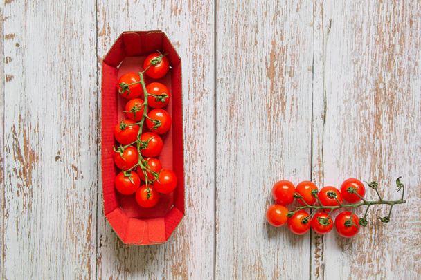 Fresh cherry tomatoes on wooden background, copy space. High quality photo - Fotoğraf, Görsel