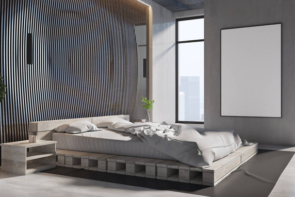 Modern bedroom interior with emppty white mock up poster, window and city view, decorative wall, green plants and other objects. 3D Rendering - 写真・画像