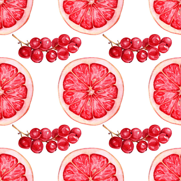 Naadloos patroon aquarel met de hand getekend plakje rode grapefruit en bessen op wit. Creatieve kunstachtergrond voor menu, kaart, behang, verpakking, textiel - Foto, afbeelding