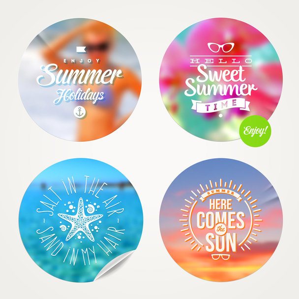 Summer holidays and tropical vacation - set of colorful sticker with type design on a defocused background - Διάνυσμα, εικόνα