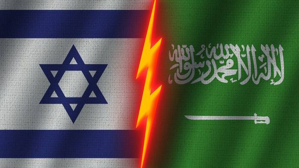 Arabia Saudyjska i Izrael Flagi Razem, Efekt tekstury tkaniny falistej, Neonowy Efekt Błyszczący, Ikona Błyszczącego Gromu, Koncepcja Kryzysu, Ilustracja 3D - Zdjęcie, obraz