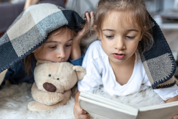 Kleine zusjes lezen een boek met een teddybeer liggend op de vloer in de kamer. - Foto, afbeelding