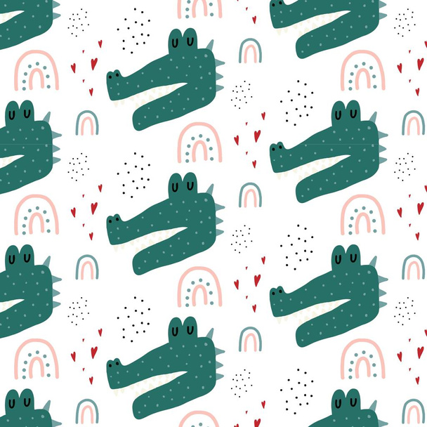 Modèle sans couture dessiné à la main pour enfants avec un crocodile. Crocodile, arc-en-ciel et motifs de cœur. Modèle pour impressions, cartes, tissus. - Vecteur, image
