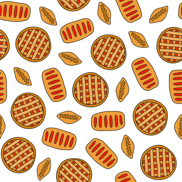 Seamless pattern with hand drawn colored pies, buns. - Vetor, Imagem