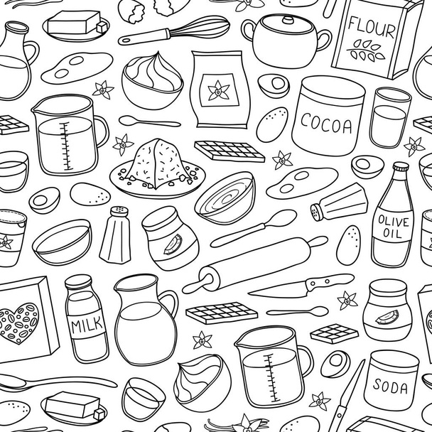 Black and white seamless pattern with hand drawn outline cooking, baking ingredients. - Вектор, зображення