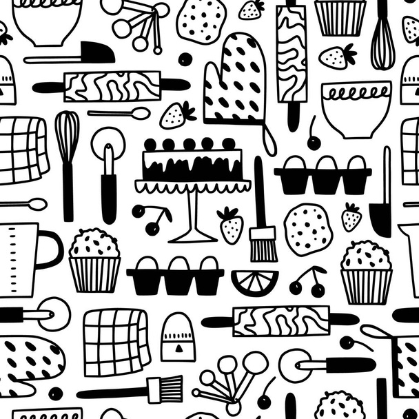 Baking utensils seamless pattern. Cute hand drawn doodle icon illustration for bakery, kitchenware, recipe book print. - Vector, Image