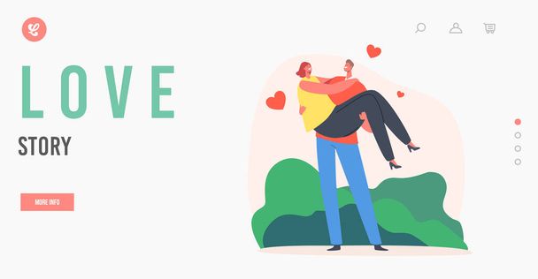 Love Story Landing Page Template. Liefdevolle paar romantische relaties. Man Holding vrouw op handen met harten vliegen rond - Vector, afbeelding