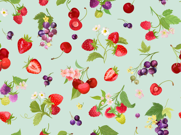 Seamless cherry, strawberry, raspberry, black currant pattern with summer berries, fruits, leaves - Wektor, obraz