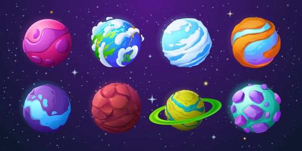 Set of fantastic planets asteroids, cosmic objects - Вектор,изображение