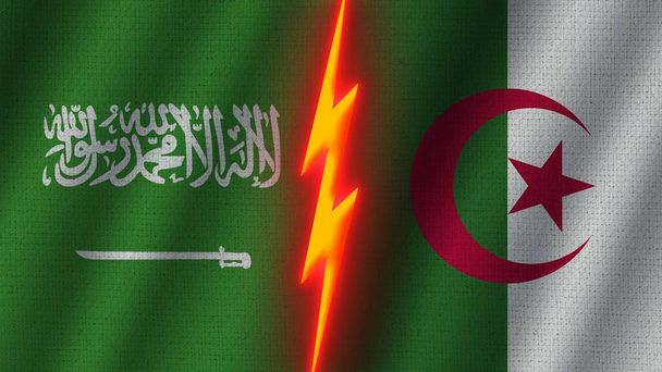 Algieria i Arabia Saudyjska Flagi razem, Efekt tekstury tkaniny falistej, Neonowy Efekt Błyszczący, Błyszcząca Ikona Gromu, Koncepcja Kryzysowa, Ilustracja 3D - Zdjęcie, obraz
