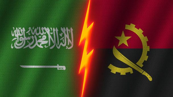 Angola and Saudi Arabia Flags Together, Wavy Fabric Texture Effect, Neon Glow Effect, Shining Thunder Icon, Crisis Concept, 3D Illustration - Photo, Image