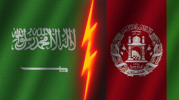 Afganistán y Arabia Saudita Banderas juntas, Efecto de textura de tela ondulada, Efecto de brillo de neón, Icono de trueno brillante, Concepto de crisis, Ilustración 3D - Foto, imagen