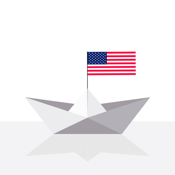 Origami paper ship with reflection and USA flag. Vector flat illustration. - Vektori, kuva