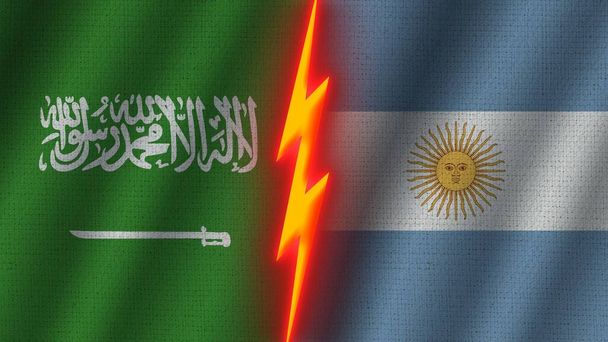 Banderas de Argentina y Arabia Saudita juntas, Efecto de textura de tela ondulada, Efecto de brillo de neón, Icono de trueno brillante, Concepto de crisis, Ilustración 3D - Foto, imagen