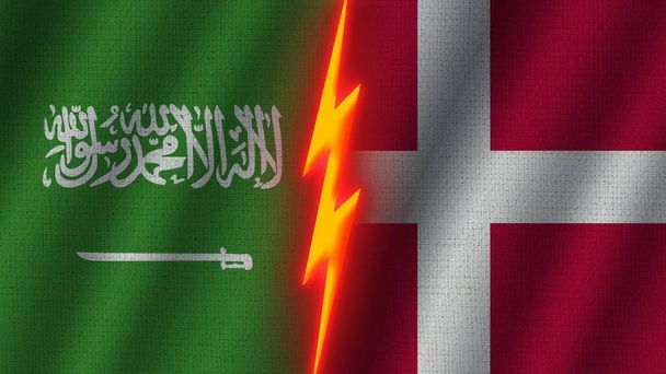 Dania i Arabia Saudyjska Flagi Razem, Efekt tekstury tkaniny falistej, Neonowy Efekt Błyszczący, Świecąca Ikona Gromu, Koncepcja Kryzysowa, Ilustracja 3D - Zdjęcie, obraz
