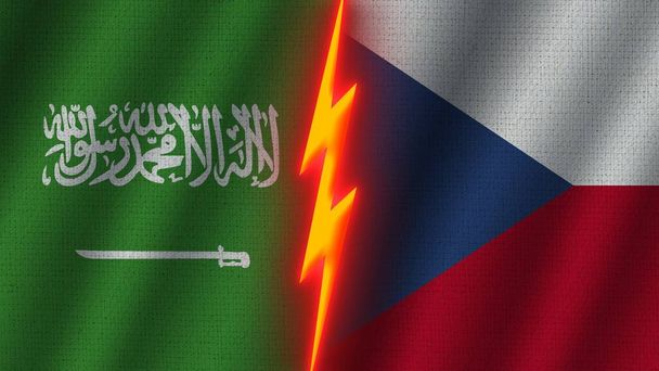Tsjechië en Saoedi-Arabië samen vlaggen, golvend textiel-effect, neon gloeiend effect, glanzend donder-icoon, crisisconcept, 3D-illustratie - Foto, afbeelding
