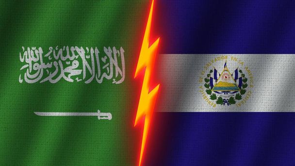 Banderas de El Salvador y Arabia Saudita juntas, Efecto de textura de tela ondulada, Efecto de brillo de neón, Icono de trueno brillante, Concepto de crisis, Ilustración 3D - Foto, Imagen
